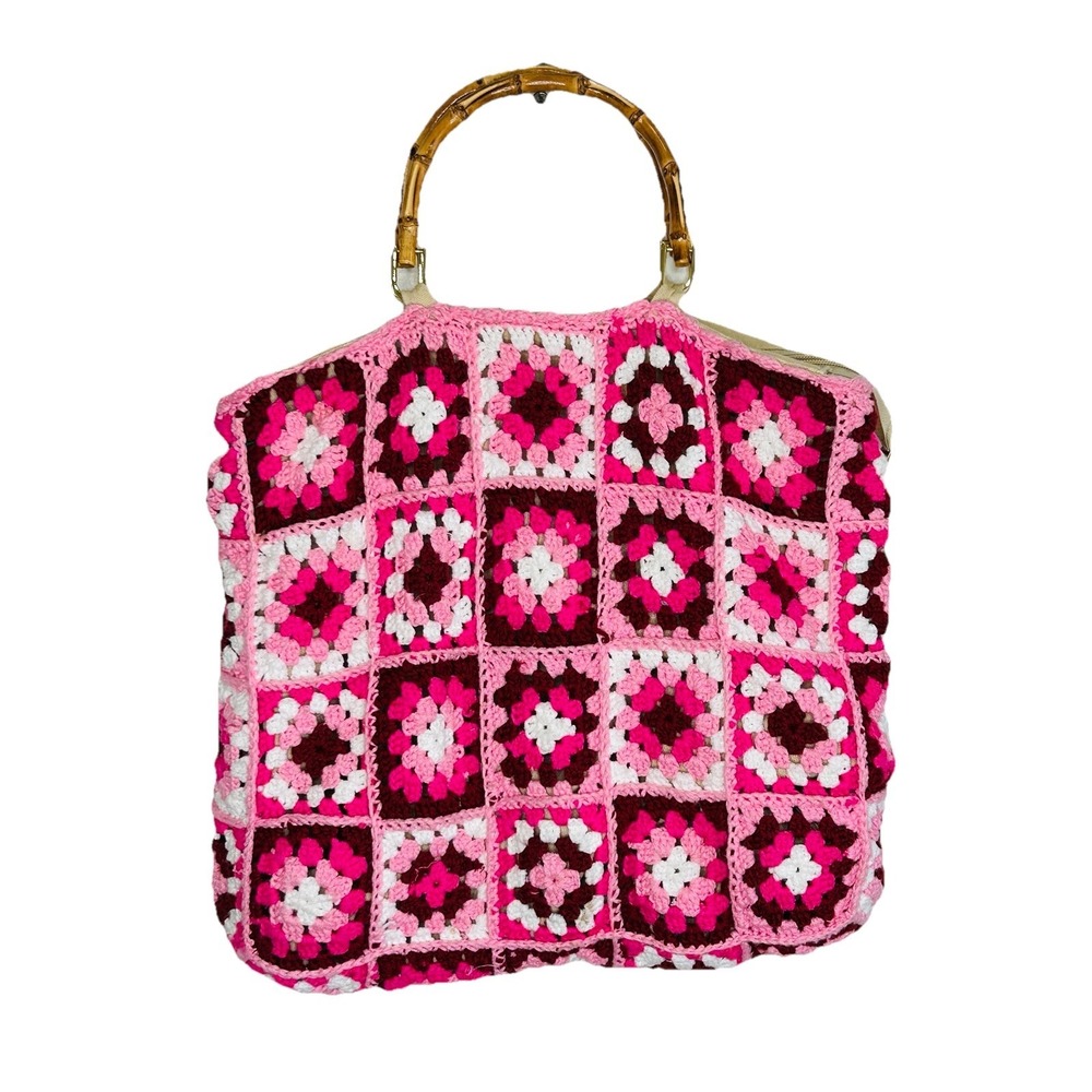 Boho Crochet Granny Square Purse Handbag Bamboo Style Handles Retro Hippie Pink - Picture 2 of 11